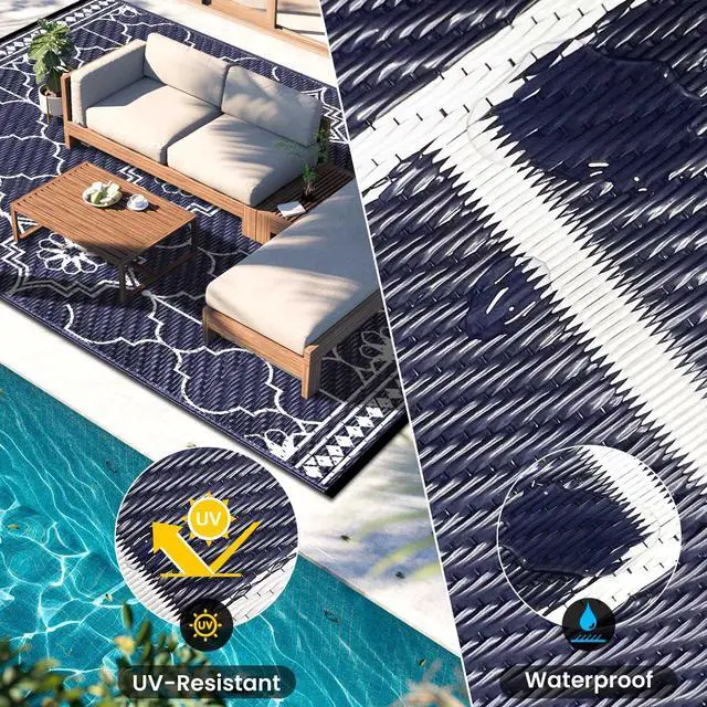 Alt view image 7 of 7 - Lighted Outdoor Rug 8x10 ft, Solar Powered Patio Rug with 113 LED Lights, Waterproof Plastic Reversible Outdoor Straw Rugs, Rugs Mat for House Deck RV Camping Patio Beach Balcony Picnic (Blue White)