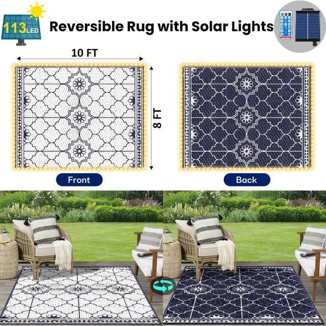 Alt view image 5 of 7 - Lighted Outdoor Rug 8x10 ft, Solar Powered Patio Rug with 113 LED Lights, Waterproof Plastic Reversible Outdoor Straw Rugs, Rugs Mat for House Deck RV Camping Patio Beach Balcony Picnic (Blue White)