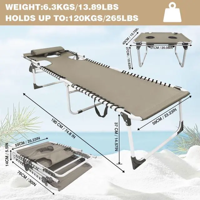 Alt view image 2 of 7 - WKFAMOUT Sun Tanning Chair with Face Hole 5-Position Folding Lounge Chair Outdoor with Portable Beach Table for Poolside Sunbathing Camping Lawn Backyard