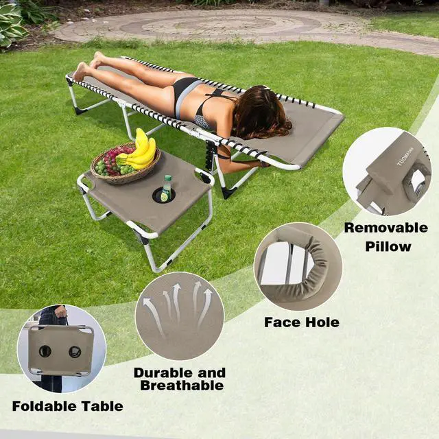 Alt view image 4 of 7 - WKFAMOUT Sun Tanning Chair with Face Hole 5-Position Folding Lounge Chair Outdoor with Portable Beach Table for Poolside Sunbathing Camping Lawn Backyard