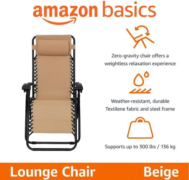 Alt view image 2 of 5 - Zero Gravity Lounge Chair with Pillow, Foldable Outdoor Reclining Chair for Patio and Beach, Weather-Resistant Textilene, 300 lb Capacity, 26", Beige