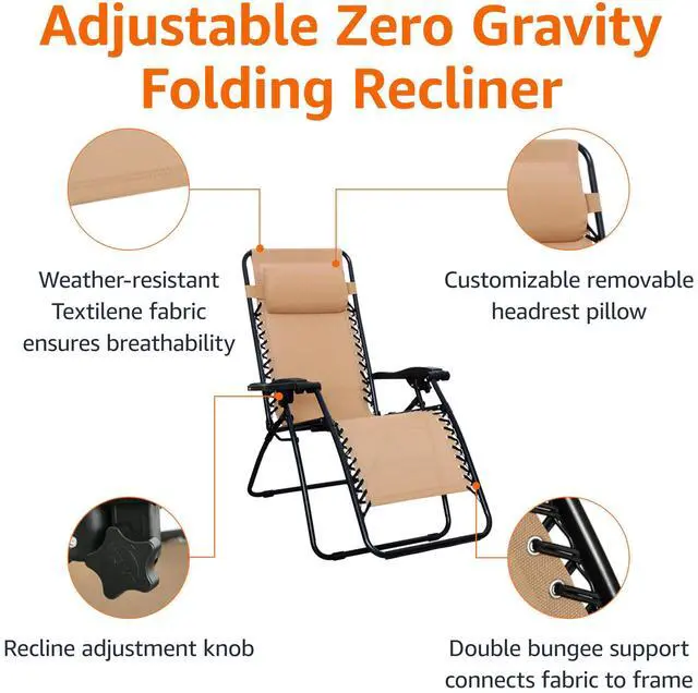 Alt view image 3 of 5 - Zero Gravity Lounge Chair with Pillow, Foldable Outdoor Reclining Chair for Patio and Beach, Weather-Resistant Textilene, 300 lb Capacity, 26", Beige