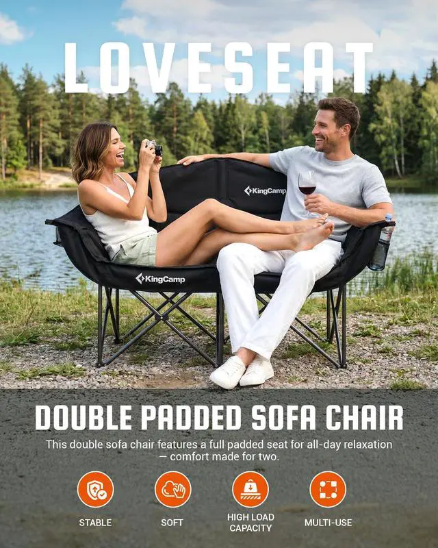 Alt view image 2 of 7 - KingCamp Double Camping Chair, Oversized Heavy Duty 660lbs Loveseat for Adults Portable Folding XL 2 Person Couch Padded Comfortable Two Seat with Cup Holder for Outdoor Lawn Backyard, Black