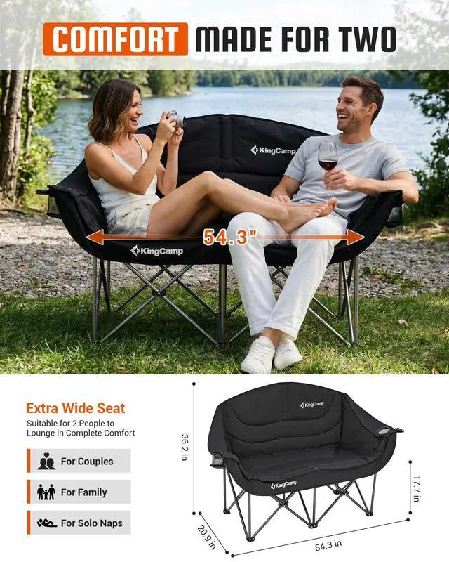 Alt view image 3 of 7 - KingCamp Double Camping Chair, Oversized Heavy Duty 660lbs Loveseat for Adults Portable Folding XL 2 Person Couch Padded Comfortable Two Seat with Cup Holder for Outdoor Lawn Backyard, Black