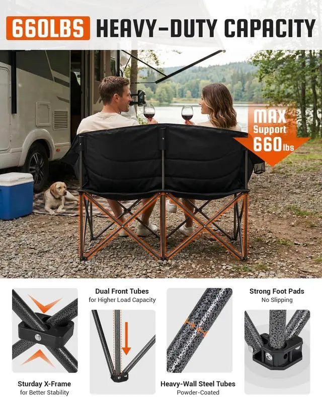 Alt view image 4 of 7 - KingCamp Double Camping Chair, Oversized Heavy Duty 660lbs Loveseat for Adults Portable Folding XL 2 Person Couch Padded Comfortable Two Seat with Cup Holder for Outdoor Lawn Backyard, Black