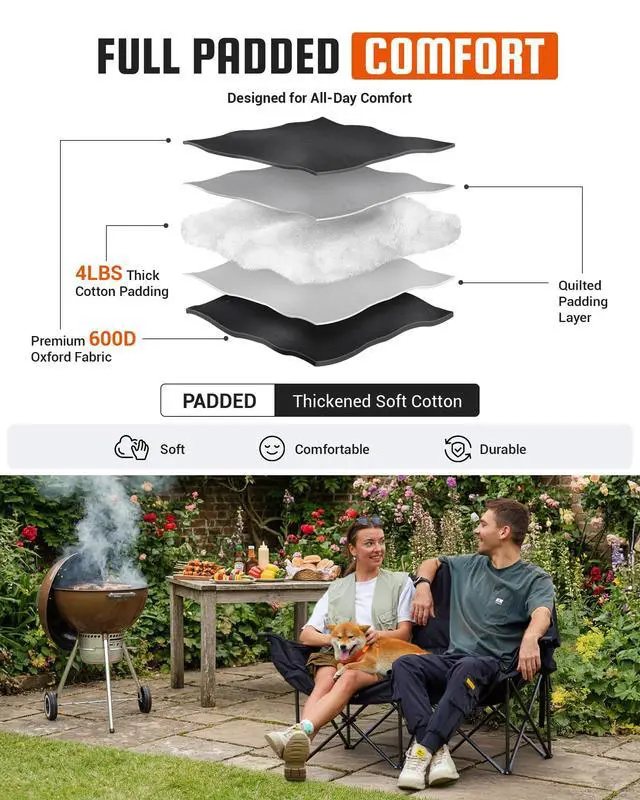 Alt view image 5 of 7 - KingCamp Double Camping Chair, Oversized Heavy Duty 660lbs Loveseat for Adults Portable Folding XL 2 Person Couch Padded Comfortable Two Seat with Cup Holder for Outdoor Lawn Backyard, Black