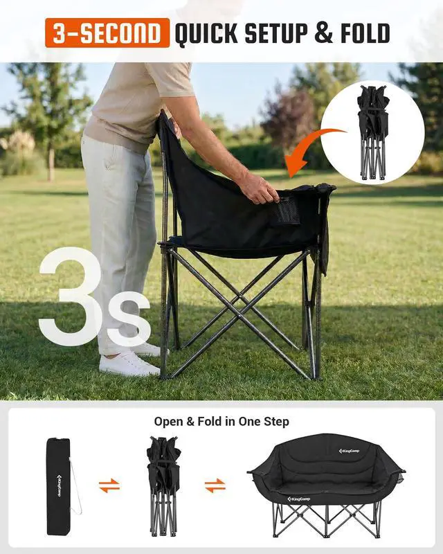 Alt view image 6 of 7 - KingCamp Double Camping Chair, Oversized Heavy Duty 660lbs Loveseat for Adults Portable Folding XL 2 Person Couch Padded Comfortable Two Seat with Cup Holder for Outdoor Lawn Backyard, Black