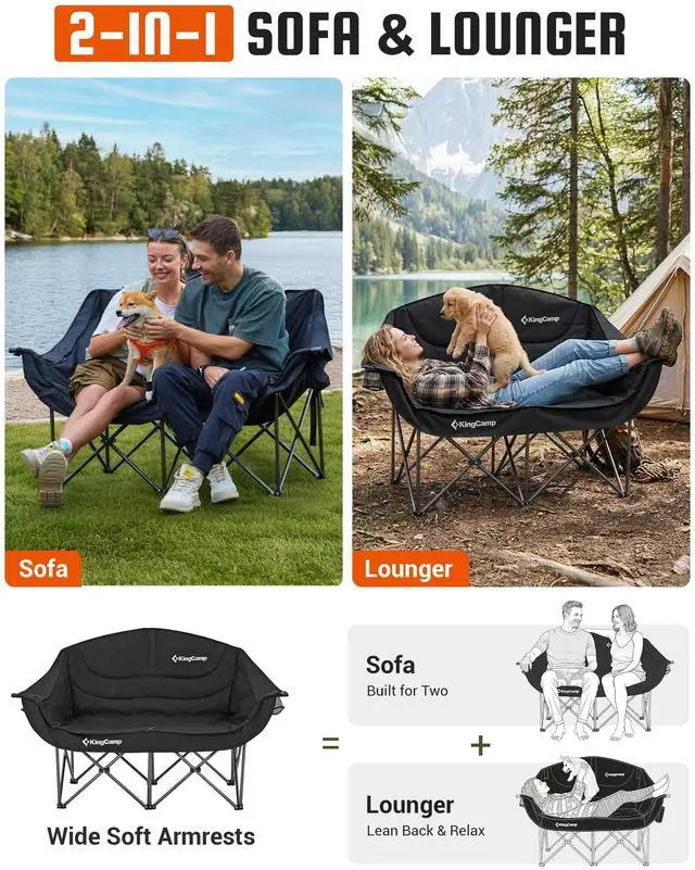 Alt view image 7 of 7 - KingCamp Double Camping Chair, Oversized Heavy Duty 660lbs Loveseat for Adults Portable Folding XL 2 Person Couch Padded Comfortable Two Seat with Cup Holder for Outdoor Lawn Backyard, Black