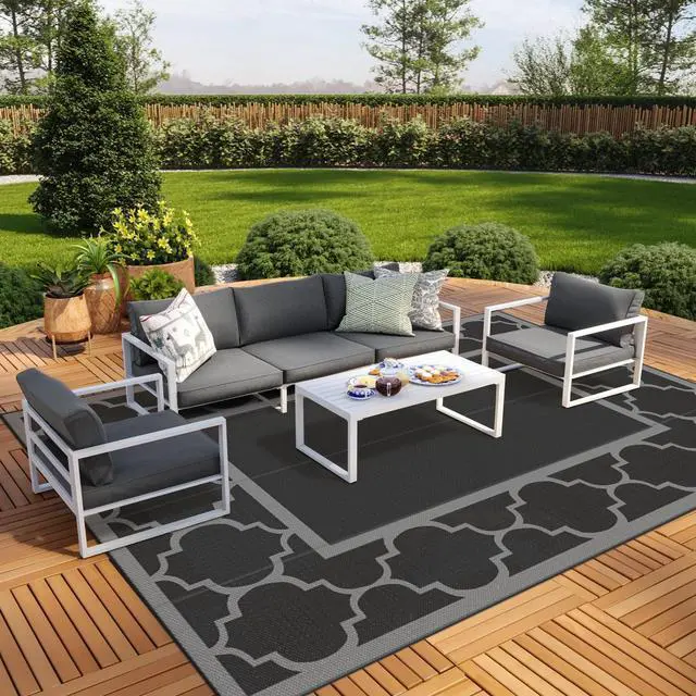 Main image of GENIMO 10 ' x 14 ' Outdoor Rug Waterproof for Patio Decor, Foldable Reversible Plastic Straw Area Rugs Mat for Camper, Outside Carpet for Rv, Deck, Porch, Picnic, Beach, Balcony, Black & Grey