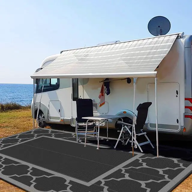 Alt view image 4 of 7 - GENIMO 10 ' x 14 ' Outdoor Rug Waterproof for Patio Decor, Foldable Reversible Plastic Straw Area Rugs Mat for Camper, Outside Carpet for Rv, Deck, Porch, Picnic, Beach, Balcony, Black & Grey