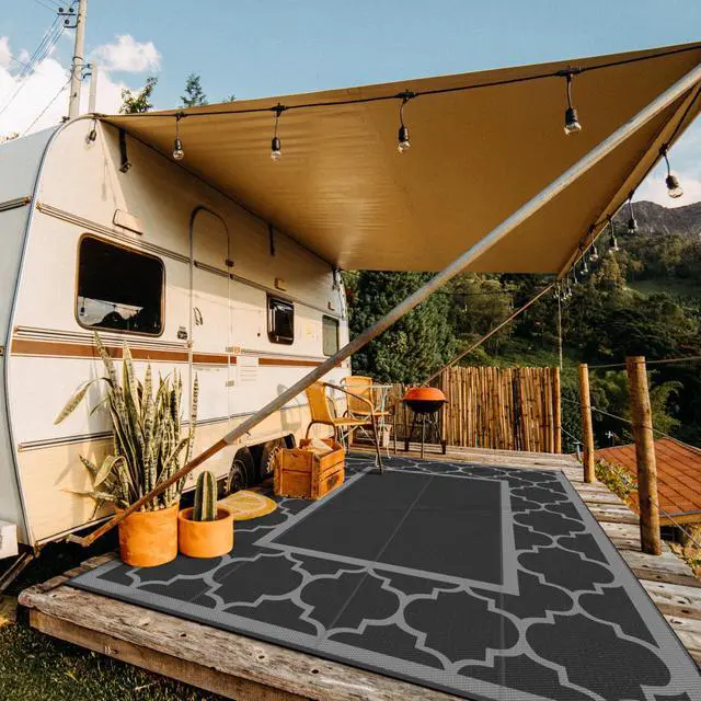 Alt view image 3 of 7 - GENIMO 10 ' x 14 ' Outdoor Rug Waterproof for Patio Decor, Foldable Reversible Plastic Straw Area Rugs Mat for Camper, Outside Carpet for Rv, Deck, Porch, Picnic, Beach, Balcony, Black & Grey