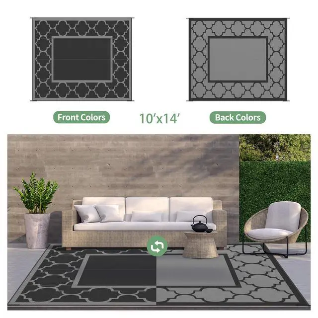 Alt view image 5 of 7 - GENIMO 10 ' x 14 ' Outdoor Rug Waterproof for Patio Decor, Foldable Reversible Plastic Straw Area Rugs Mat for Camper, Outside Carpet for Rv, Deck, Porch, Picnic, Beach, Balcony, Black & Grey