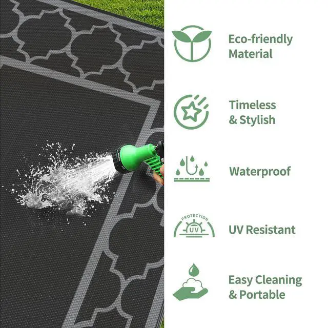 Alt view image 6 of 7 - GENIMO 10 ' x 14 ' Outdoor Rug Waterproof for Patio Decor, Foldable Reversible Plastic Straw Area Rugs Mat for Camper, Outside Carpet for Rv, Deck, Porch, Picnic, Beach, Balcony, Black & Grey