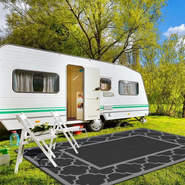 Alt view image 2 of 7 - GENIMO 10 ' x 14 ' Outdoor Rug Waterproof for Patio Decor, Foldable Reversible Plastic Straw Area Rugs Mat for Camper, Outside Carpet for Rv, Deck, Porch, Picnic, Beach, Balcony, Black & Grey