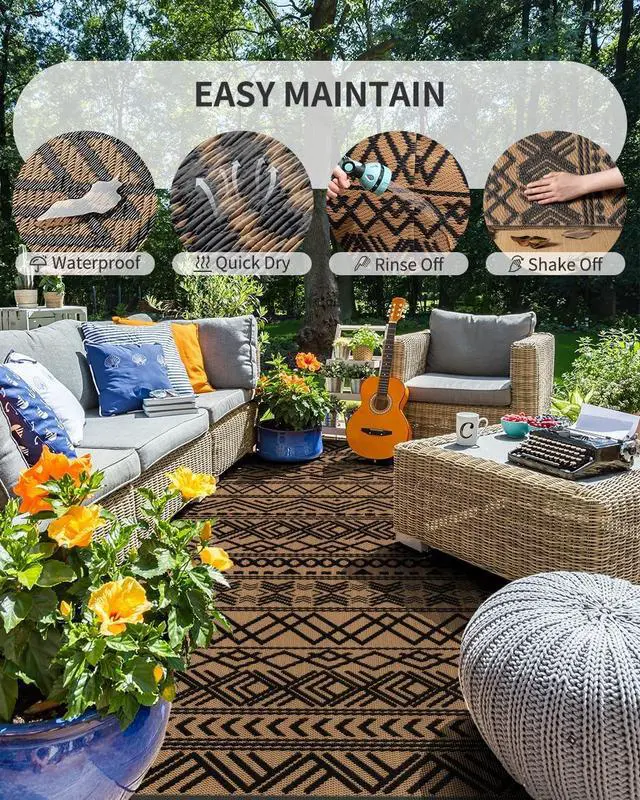Alt view image 2 of 7 - MontVoo Outdoor Rug Carpet Waterproof 9x12 Outdoor Patio Rug Mat Reverisble Plastic Straw Outdoor Rug for RV Camping Picnic Beach Balcony Boho Black Brown Large