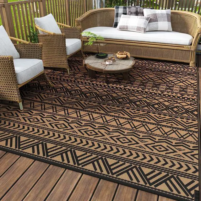Main image of MontVoo Outdoor Rug Carpet Waterproof 9x12 Outdoor Patio Rug Mat Reverisble Plastic Straw Outdoor Rug for RV Camping Picnic Beach Balcony Boho Black Brown Large