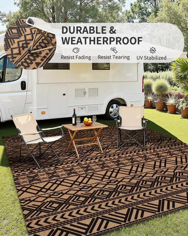 Alt view image 3 of 7 - MontVoo Outdoor Rug Carpet Waterproof 9x12 Outdoor Patio Rug Mat Reverisble Plastic Straw Outdoor Rug for RV Camping Picnic Beach Balcony Boho Black Brown Large