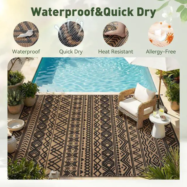 Alt view image 4 of 7 - MontVoo Outdoor Rug Carpet Waterproof 9x12 Outdoor Patio Rug Mat Reverisble Plastic Straw Outdoor Rug for RV Camping Picnic Beach Balcony Boho Black Brown Large