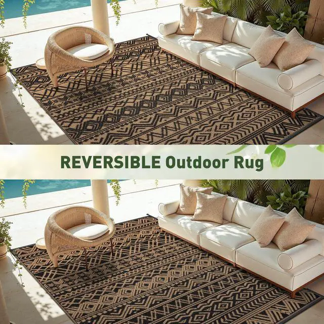 Alt view image 7 of 7 - MontVoo Outdoor Rug Carpet Waterproof 9x12 Outdoor Patio Rug Mat Reverisble Plastic Straw Outdoor Rug for RV Camping Picnic Beach Balcony Boho Black Brown Large