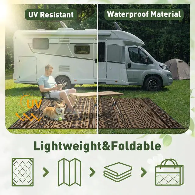 Alt view image 6 of 7 - MontVoo Outdoor Rug Carpet Waterproof 9x12 Outdoor Patio Rug Mat Reverisble Plastic Straw Outdoor Rug for RV Camping Picnic Beach Balcony Boho Black Brown Large