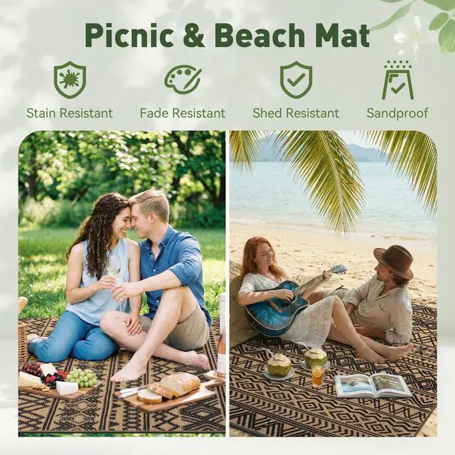 Alt view image 5 of 7 - MontVoo Outdoor Rug Carpet Waterproof 9x12 Outdoor Patio Rug Mat Reverisble Plastic Straw Outdoor Rug for RV Camping Picnic Beach Balcony Boho Black Brown Large