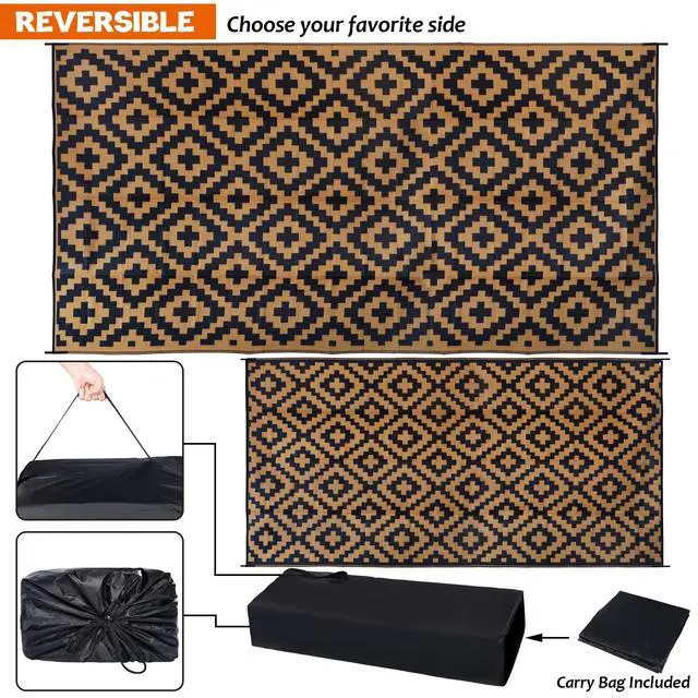 Alt view image 3 of 7 - SAND MINE Reversible Mats, Plastic Straw Rug, Modern Area Rug, Large Floor Mat and Rug for Outdoors, RV, Patio, Backyard, Deck, Picnic, Beach, Trailer, Camping, Black & Brown, 9' x 18'