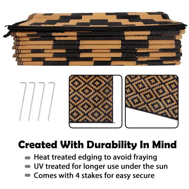 Alt view image 4 of 7 - SAND MINE Reversible Mats, Plastic Straw Rug, Modern Area Rug, Large Floor Mat and Rug for Outdoors, RV, Patio, Backyard, Deck, Picnic, Beach, Trailer, Camping, Black & Brown, 9' x 18'