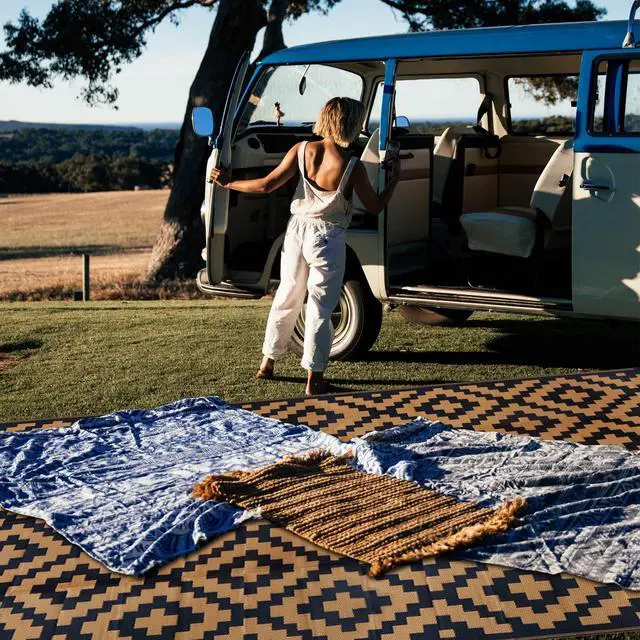 Alt view image 7 of 7 - SAND MINE Reversible Mats, Plastic Straw Rug, Modern Area Rug, Large Floor Mat and Rug for Outdoors, RV, Patio, Backyard, Deck, Picnic, Beach, Trailer, Camping, Black & Brown, 9' x 18'