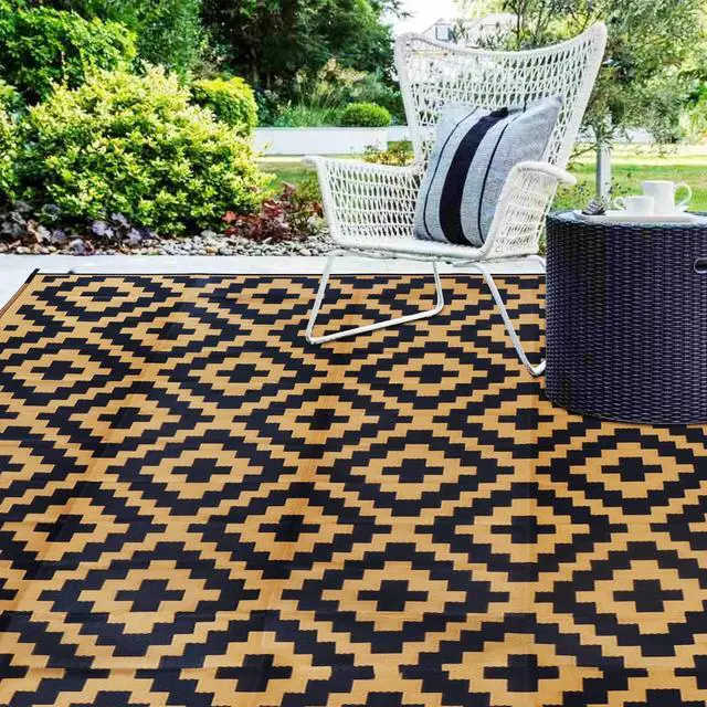 Alt view image 6 of 7 - SAND MINE Reversible Mats, Plastic Straw Rug, Modern Area Rug, Large Floor Mat and Rug for Outdoors, RV, Patio, Backyard, Deck, Picnic, Beach, Trailer, Camping, Black & Brown, 9' x 18'