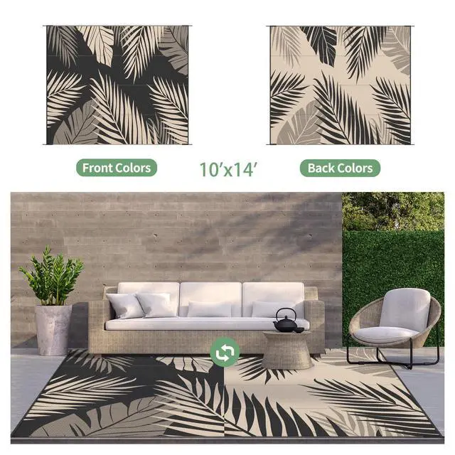 Alt view image 2 of 7 - GENIMO Outdoor Rug 10' x 14' Waterproof for Patios Clearance, Reversible Outdoor Plastic Straw Camping Rug Carpet, Large Area Rugs Mats for RV, Camper, Deck, Balcony, Porch, Beach, Picnic, Black&Beige