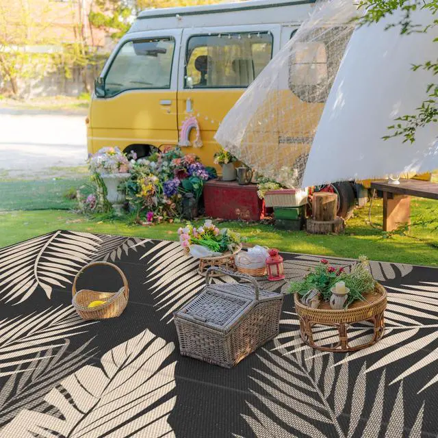 Alt view image 3 of 7 - GENIMO Outdoor Rug 10' x 14' Waterproof for Patios Clearance, Reversible Outdoor Plastic Straw Camping Rug Carpet, Large Area Rugs Mats for RV, Camper, Deck, Balcony, Porch, Beach, Picnic, Black&Beige
