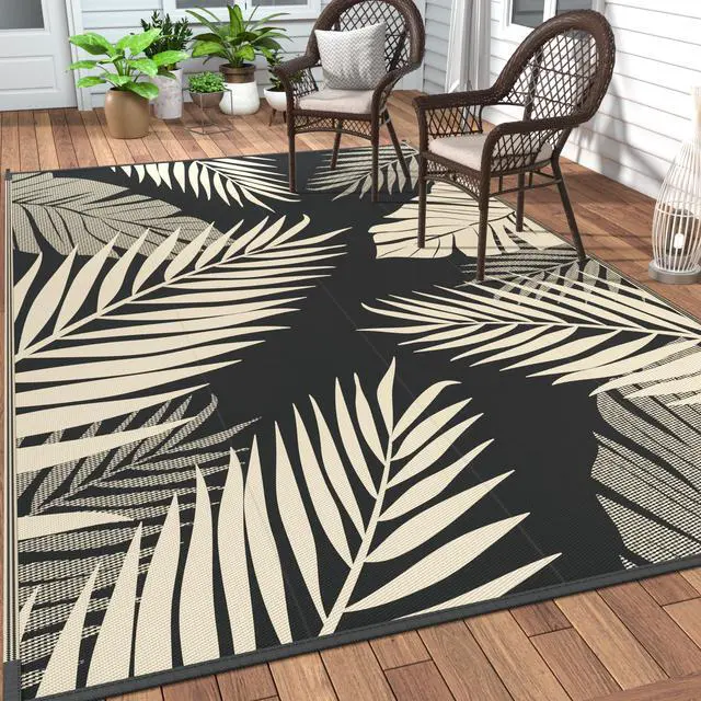 Main image of GENIMO Outdoor Rug 10' x 14' Waterproof for Patios Clearance, Reversible Outdoor Plastic Straw Camping Rug Carpet, Large Area Rugs Mats for RV, Camper, Deck, Balcony, Porch, Beach, Picnic, Black&Beige