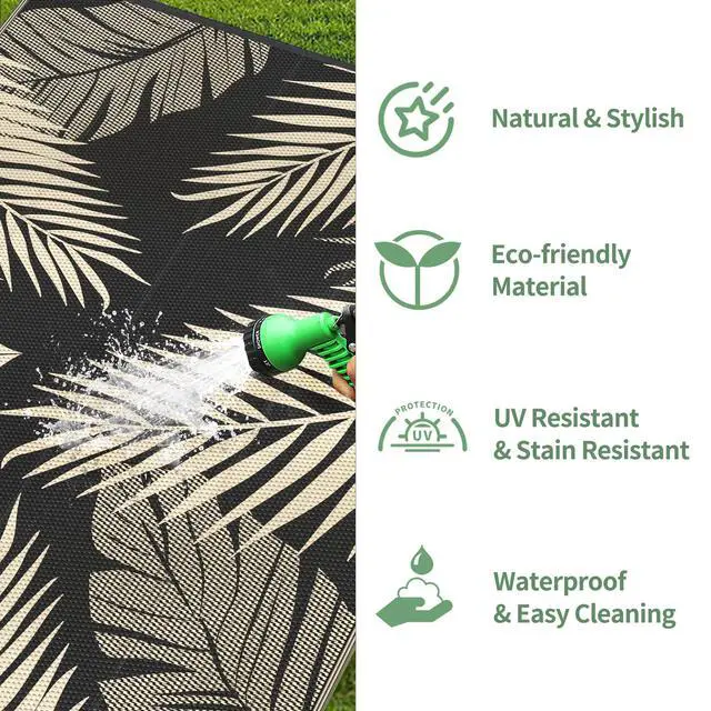 Alt view image 6 of 7 - GENIMO Outdoor Rug 10' x 14' Waterproof for Patios Clearance, Reversible Outdoor Plastic Straw Camping Rug Carpet, Large Area Rugs Mats for RV, Camper, Deck, Balcony, Porch, Beach, Picnic, Black&Beige