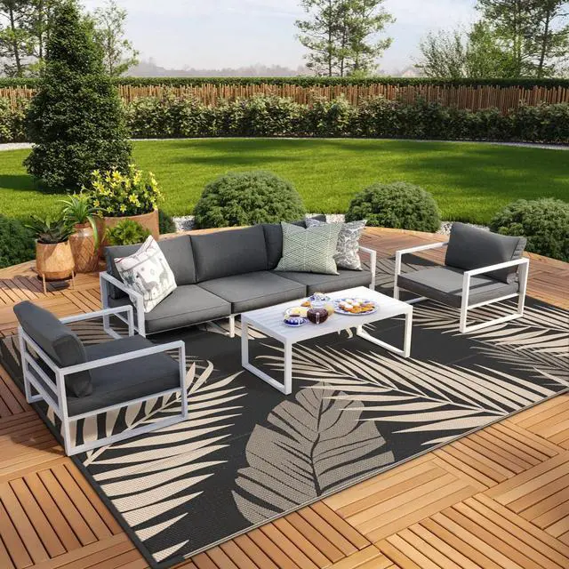 Alt view image 4 of 7 - GENIMO Outdoor Rug 10' x 14' Waterproof for Patios Clearance, Reversible Outdoor Plastic Straw Camping Rug Carpet, Large Area Rugs Mats for RV, Camper, Deck, Balcony, Porch, Beach, Picnic, Black&Beige