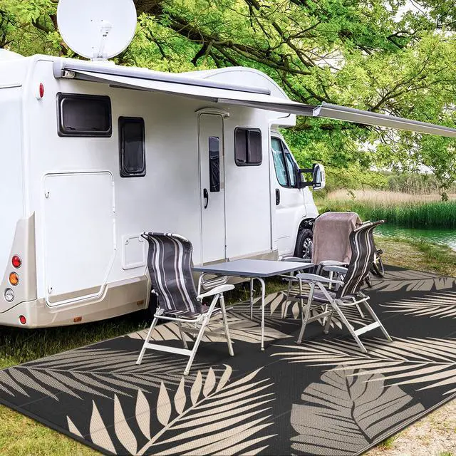 Alt view image 5 of 7 - GENIMO Outdoor Rug 10' x 14' Waterproof for Patios Clearance, Reversible Outdoor Plastic Straw Camping Rug Carpet, Large Area Rugs Mats for RV, Camper, Deck, Balcony, Porch, Beach, Picnic, Black&Beige