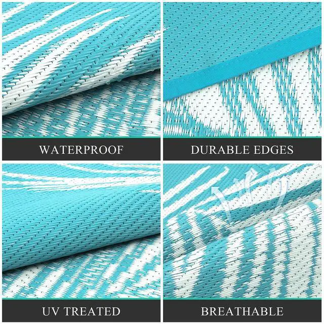 Alt view image 2 of 7 - Pauwer Waterproof Outdoor Rug 10x14, Reversible Plastic Straw Patio Camping Rug, Indoor Outdoor RV Mat Carpet for Deck, Camper, Porch, Balcony, Backyard, Picnic, Leaf Teal