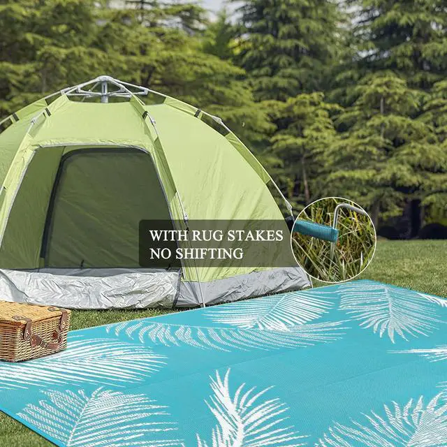 Alt view image 5 of 7 - Pauwer Waterproof Outdoor Rug 10x14, Reversible Plastic Straw Patio Camping Rug, Indoor Outdoor RV Mat Carpet for Deck, Camper, Porch, Balcony, Backyard, Picnic, Leaf Teal