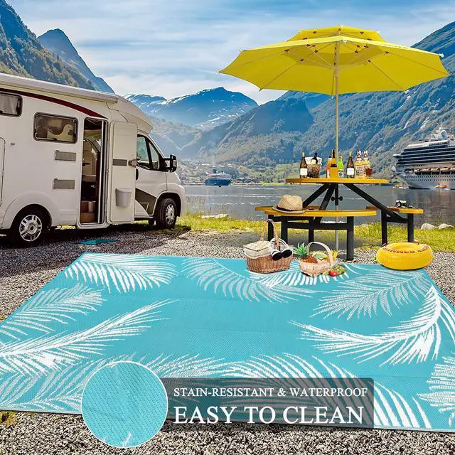 Alt view image 4 of 7 - Pauwer Waterproof Outdoor Rug 10x14, Reversible Plastic Straw Patio Camping Rug, Indoor Outdoor RV Mat Carpet for Deck, Camper, Porch, Balcony, Backyard, Picnic, Leaf Teal
