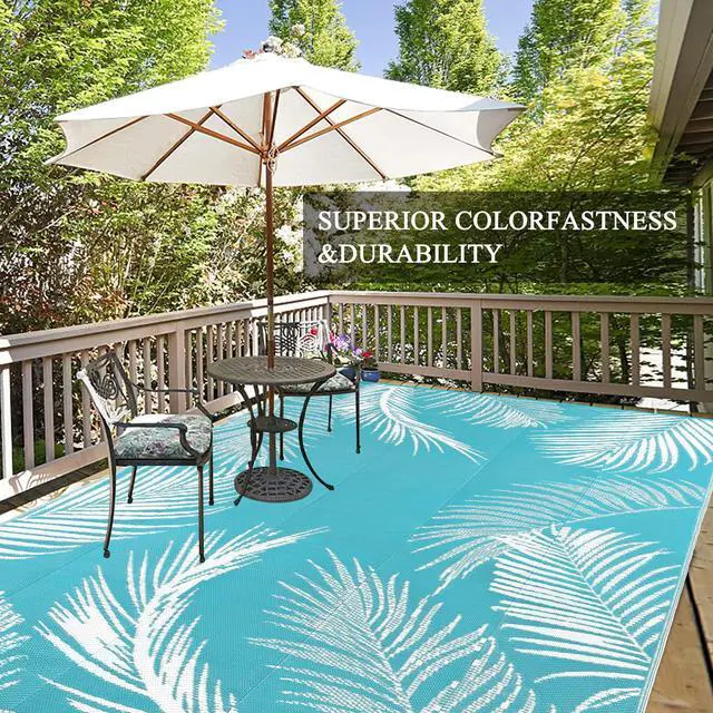 Alt view image 3 of 7 - Pauwer Waterproof Outdoor Rug 10x14, Reversible Plastic Straw Patio Camping Rug, Indoor Outdoor RV Mat Carpet for Deck, Camper, Porch, Balcony, Backyard, Picnic, Leaf Teal