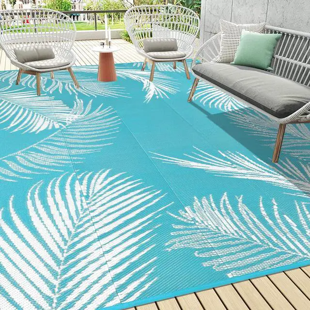 Main image of Pauwer Waterproof Outdoor Rug 10x14, Reversible Plastic Straw Patio Camping Rug, Indoor Outdoor RV Mat Carpet for Deck, Camper, Porch, Balcony, Backyard, Picnic, Leaf Teal