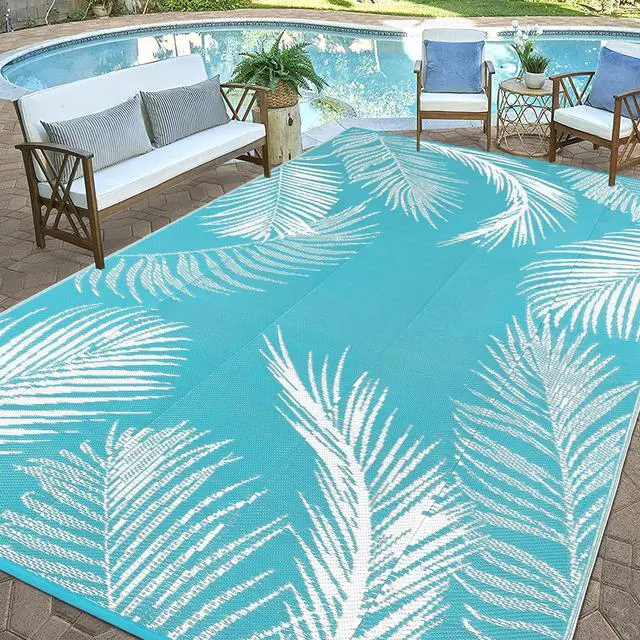 Alt view image 6 of 7 - Pauwer Waterproof Outdoor Rug 10x14, Reversible Plastic Straw Patio Camping Rug, Indoor Outdoor RV Mat Carpet for Deck, Camper, Porch, Balcony, Backyard, Picnic, Leaf Teal