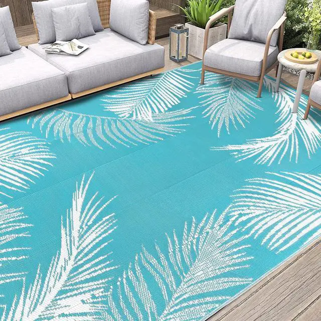 Alt view image 7 of 7 - Pauwer Waterproof Outdoor Rug 10x14, Reversible Plastic Straw Patio Camping Rug, Indoor Outdoor RV Mat Carpet for Deck, Camper, Porch, Balcony, Backyard, Picnic, Leaf Teal