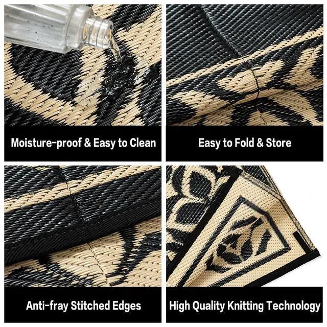 Alt view image 5 of 7 - PureCozy Outdoor Plastic Straw Rug Black Beige Large Outside Waterproof Outdoor Patio 10x14 Carpet Geometric Reversible Mat Modern for Camping RV Porch Deck Balcony Beach