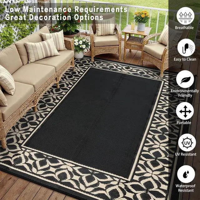 Alt view image 6 of 7 - PureCozy Outdoor Plastic Straw Rug Black Beige Large Outside Waterproof Outdoor Patio 10x14 Carpet Geometric Reversible Mat Modern for Camping RV Porch Deck Balcony Beach