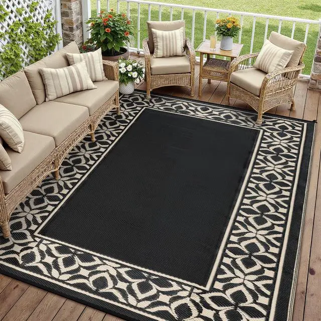 Main image of PureCozy Outdoor Plastic Straw Rug Black Beige Large Outside Waterproof Outdoor Patio 10x14 Carpet Geometric Reversible Mat Modern for Camping RV Porch Deck Balcony Beach