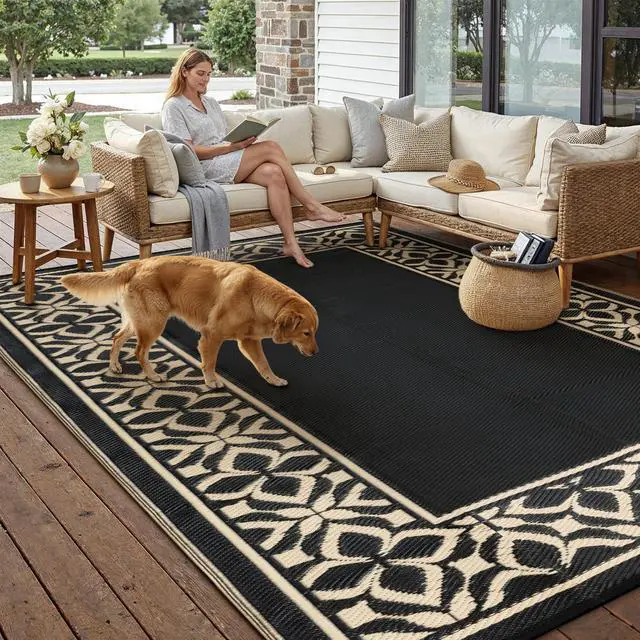 Alt view image 2 of 7 - PureCozy Outdoor Plastic Straw Rug Black Beige Large Outside Waterproof Outdoor Patio 10x14 Carpet Geometric Reversible Mat Modern for Camping RV Porch Deck Balcony Beach