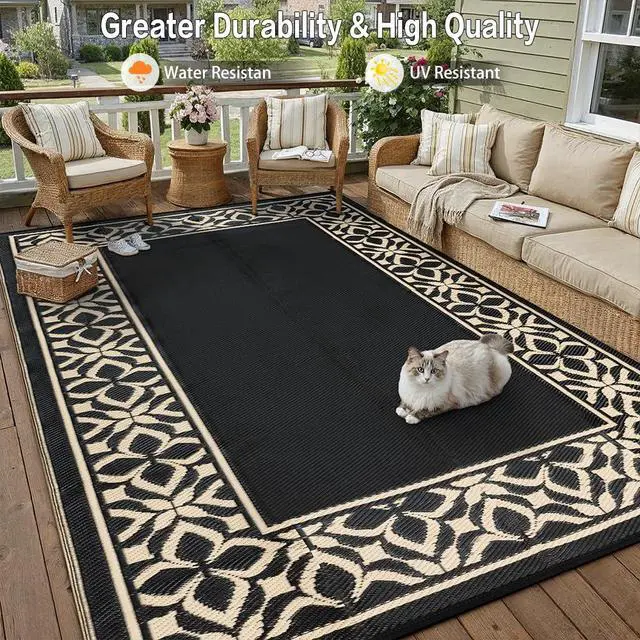 Alt view image 7 of 7 - PureCozy Outdoor Plastic Straw Rug Black Beige Large Outside Waterproof Outdoor Patio 10x14 Carpet Geometric Reversible Mat Modern for Camping RV Porch Deck Balcony Beach