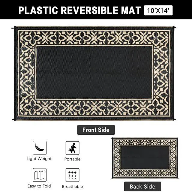 Alt view image 4 of 7 - PureCozy Outdoor Plastic Straw Rug Black Beige Large Outside Waterproof Outdoor Patio 10x14 Carpet Geometric Reversible Mat Modern for Camping RV Porch Deck Balcony Beach