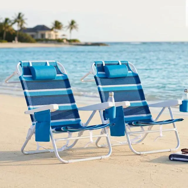 Alt view image 2 of 7 - WTVIDAS Beach Chair 2 Pack, Mesh Fabric 5 Positions Folding Reclining Beach Chair with Backpack Straps, Cooler Bag & Cup Holder for Outdoor Lawn Camping