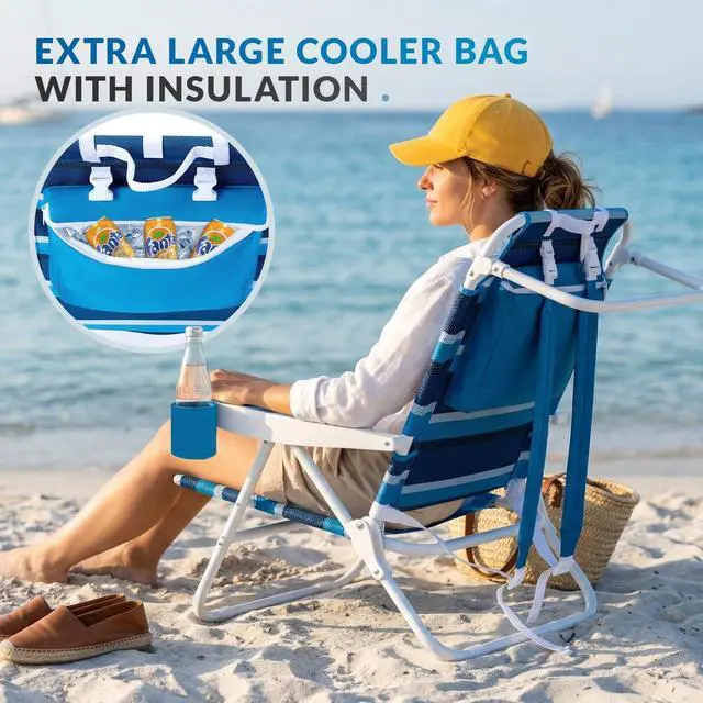 Alt view image 6 of 7 - WTVIDAS Beach Chair 2 Pack, Mesh Fabric 5 Positions Folding Reclining Beach Chair with Backpack Straps, Cooler Bag & Cup Holder for Outdoor Lawn Camping